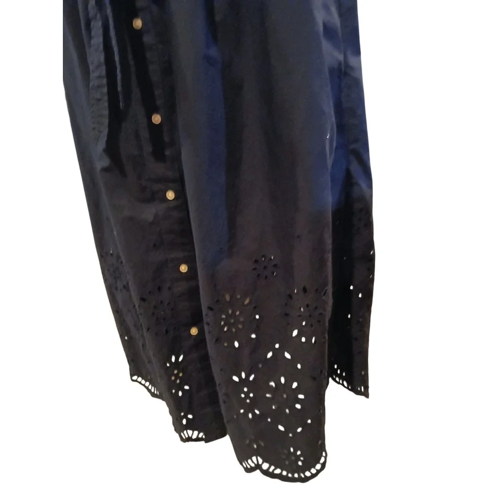 Free Assembly Navy Blue Eyelet Midi Skirt Button Front Scallop Hem Womens Size M